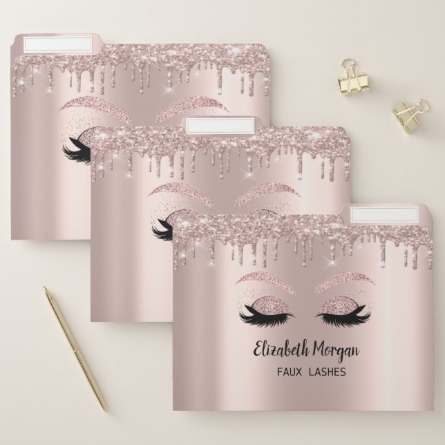Elegant Rose Gold Glitter Faux Lashes, Drips File Folder (Set)