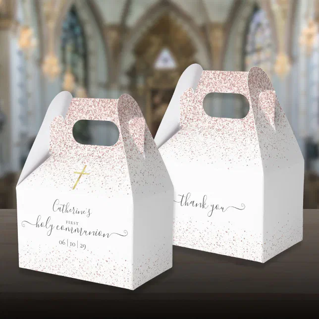 Elegant Rose Gold Glitter First Holy Communion Favor Boxes | Zazzle