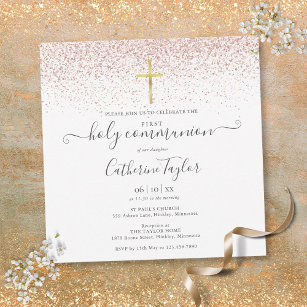 Elegant Rose Gold Glitter First Holy Communion Invitation