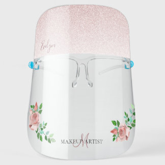 Elegant Rose Gold Glitter Floral Monogram Name Face Shield