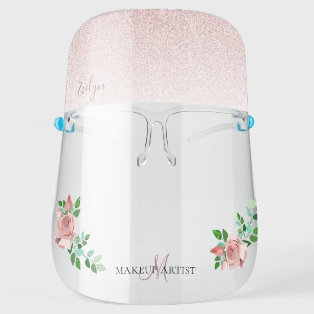 Elegant Rose Gold Glitter Floral Monogram Name Face Shield (Front)