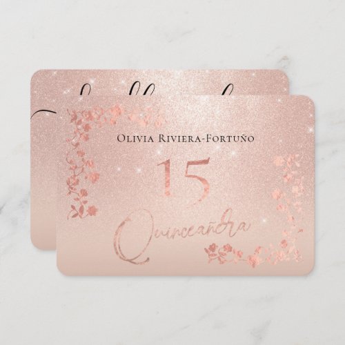 Elegant Rose Gold Glitter Foil Floral Quinceanera RSVP Card