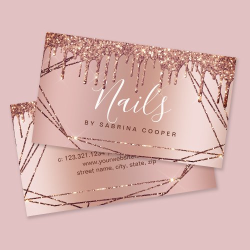 Elegant rose gold glitter frame metallic nails business card