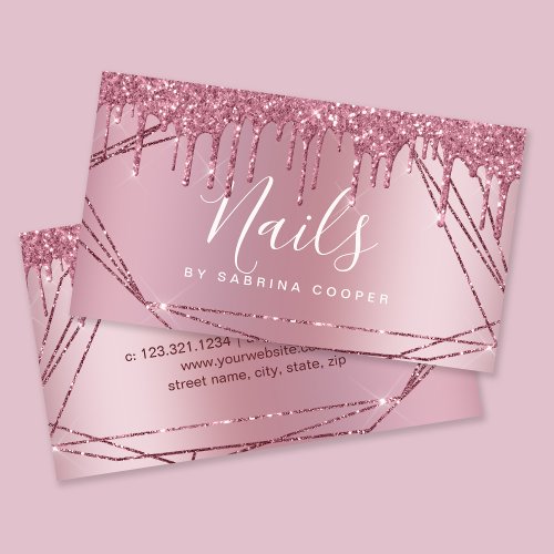 Elegant rose gold glitter frame metallic nails business card