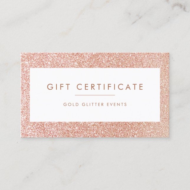 Elegant Rose Gold Glitter Gift Certificate Card (Front)