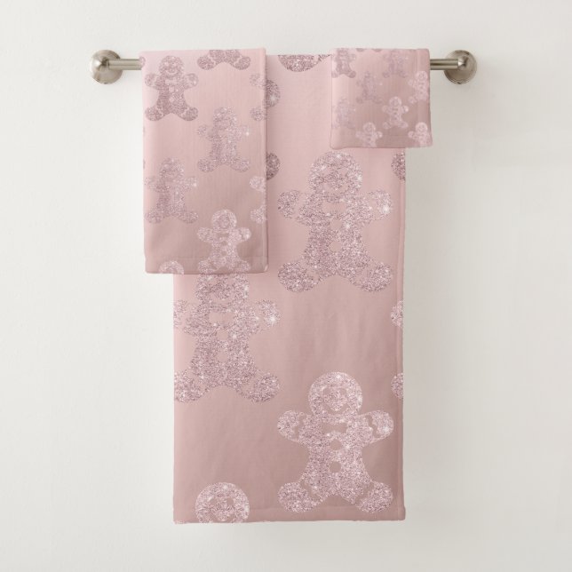 Elegant Rose Gold Glitter Gingerbread Man Pattern Bath Towel Set (Insitu)