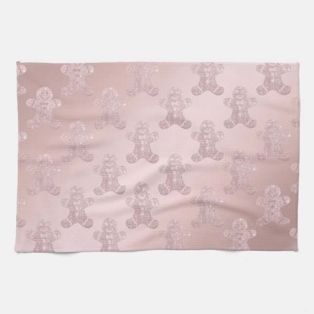 Elegant Rose Gold Glitter Gingerbread Man Pattern Kitchen Towel (Horizontal)
