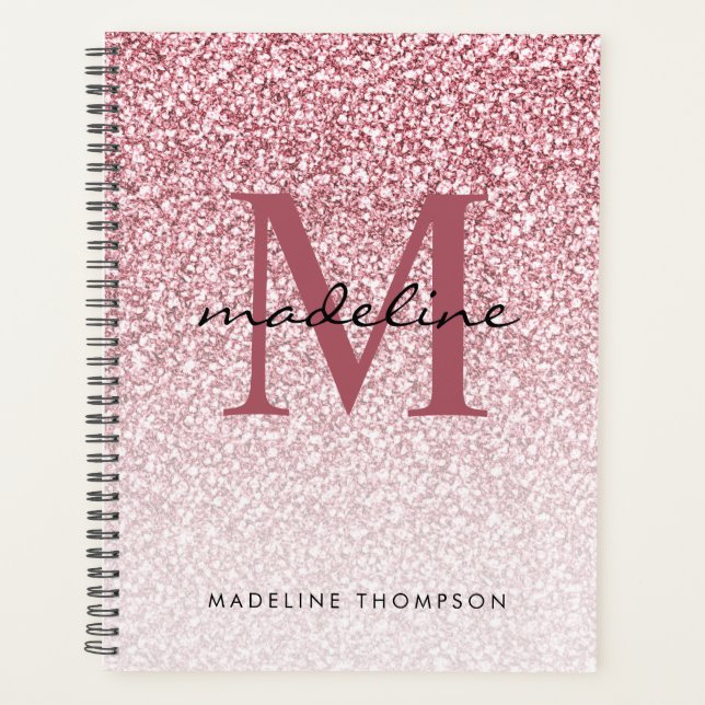 Elegant Rose Gold Glitter Girly Monogram Planner (Front)