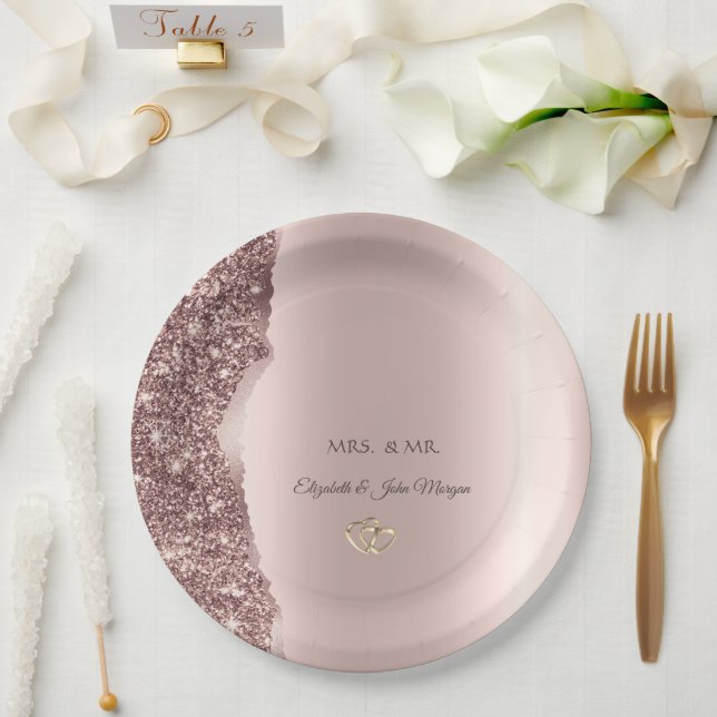 Elegant Rose Gold Glitter Gold Rings Paper Plates (Wedding)