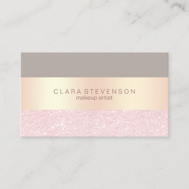 Elegant rose gold glitter & grey makeup artist business card (Front)