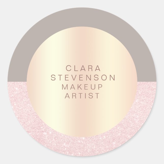 Elegant rose gold glitter & grey makeup artist classic round sticker (Front)