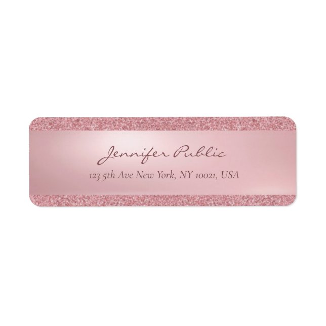 Elegant Rose Gold Glitter Handwritten Name Script Label (Front)