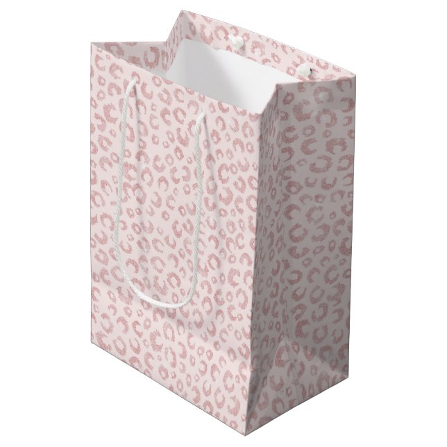 Elegant Rose Gold Glitter Leopard Pattern Medium Gift Bag (Front Angled)