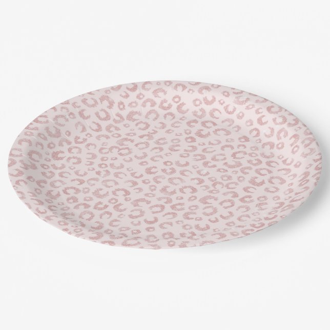 Elegant Rose Gold Glitter Leopard Pattern Paper Plates (Angled)