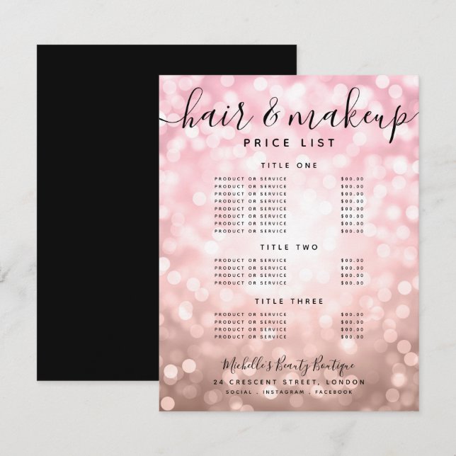 Elegant Rose Gold Glitter Lights Salon Price Menu  (Front/Back)