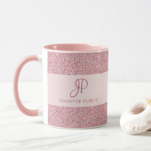 Elegant Rose Gold Glitter Look Monogrammed Mug