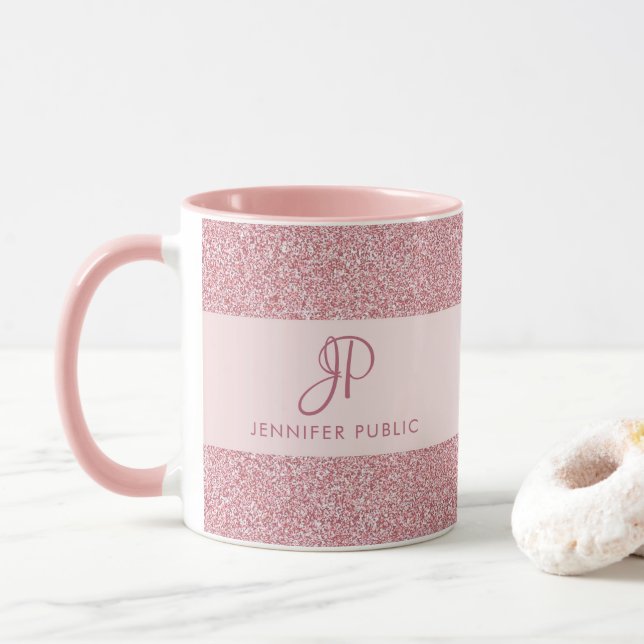 Elegant Rose Gold Glitter Look Monogrammed Mug (With Donut)