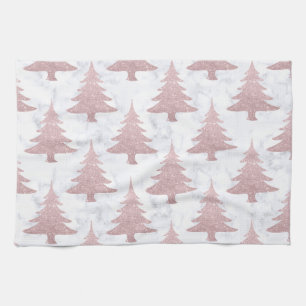 Elegant Rose Gold Glitter & Marble Christmas Tree Kitchen Towel