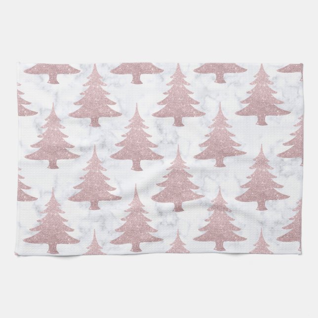 Elegant Rose Gold Glitter &  Marble Christmas Tree Kitchen Towel (Horizontal)