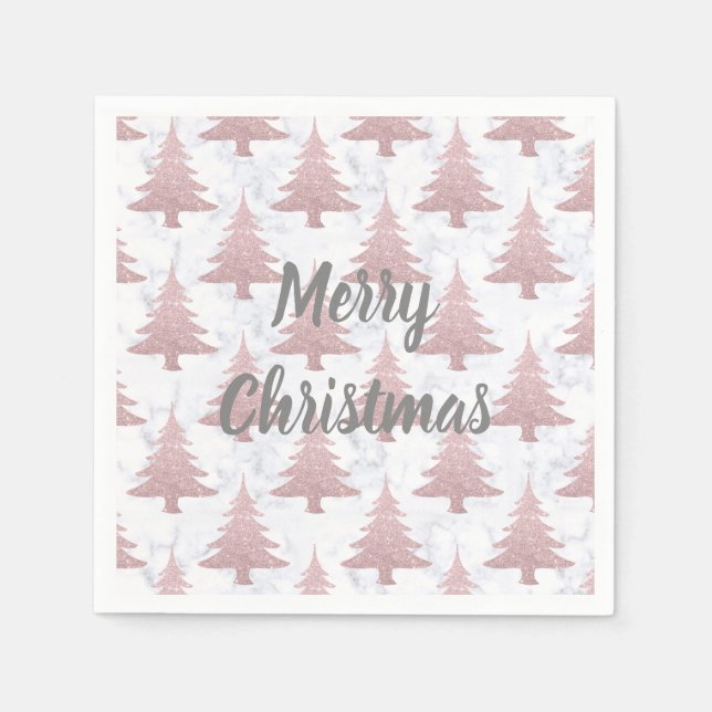 Elegant Rose Gold Glitter &  Marble Christmas Tree Napkins (Front)