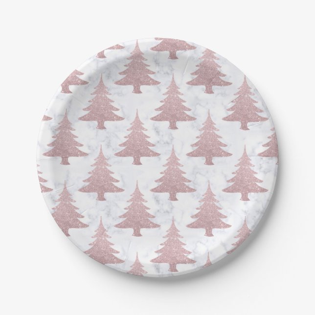 Elegant Rose Gold Glitter &  Marble Christmas Tree Paper Plates (Front)