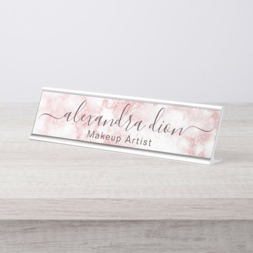Elegant rose gold glitter marble makeup artist desk name plate