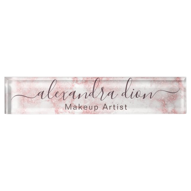 Elegant rose gold glitter marble makeup artist desk name plate (Front)