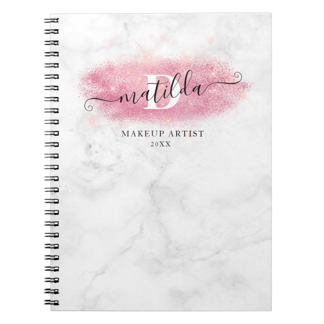 Elegant rose gold glitter marble makeup artist notebook (Front)