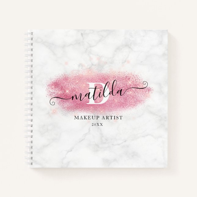 Elegant rose gold glitter marble makeup artist notebook (Front)