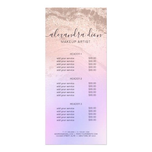 Elegant rose gold glitter marble makeup artist rack card