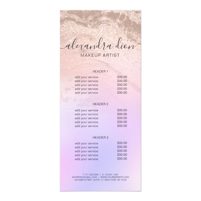 Elegant rose gold glitter marble makeup artist rack card (Front)