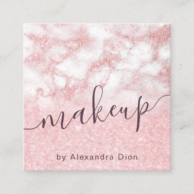 Elegant rose gold glitter marble makeup artist square business card (Front)