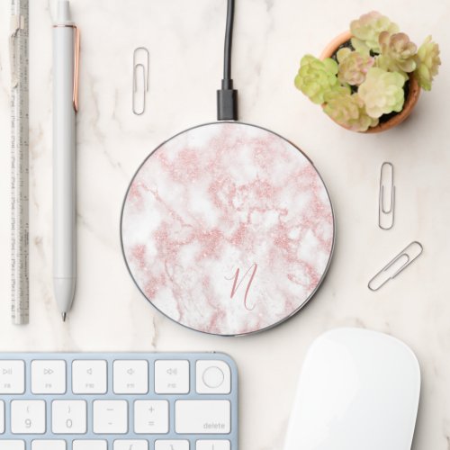 Elegant Rose Gold Glitter Marble Personalized   Wireless Charger