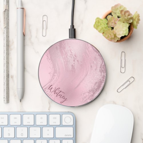 Elegant Rose Gold Glitter Marble Personalized   Wireless Charger
