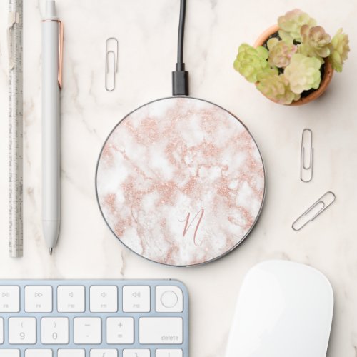 Elegant Rose Gold Glitter Marble Personalized  Wireless Charger