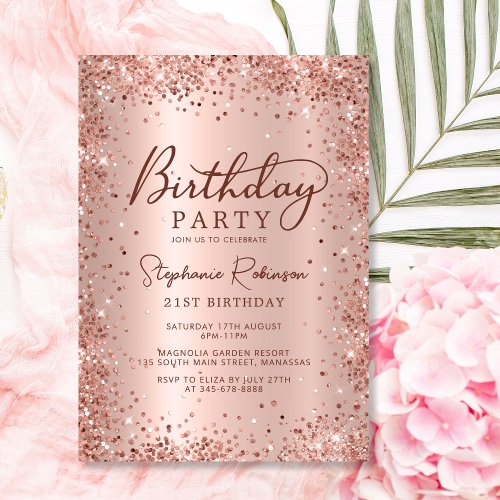 Elegant Rose Gold Glitter Metal 21st Birthday  Invitation