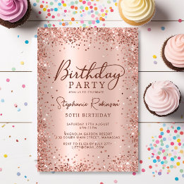 Elegant Rose Gold Glitter Metal 50th Birthday Invitation