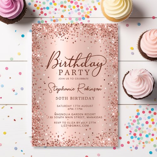 Elegant Rose Gold Glitter Metal 50th Birthday  Invitation