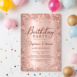 Elegant Rose Gold Glitter Metal 50th Birthday Invitation