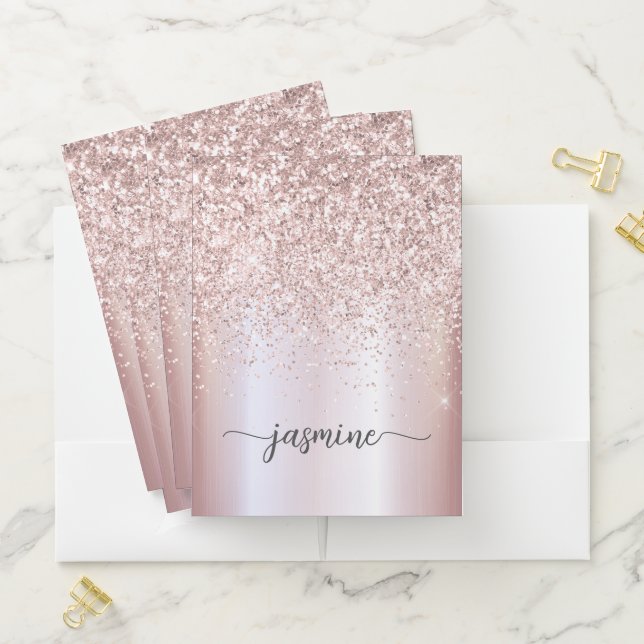 Elegant Rose Gold Glitter Metal Monogram Name Pocket Folder (In Situ)