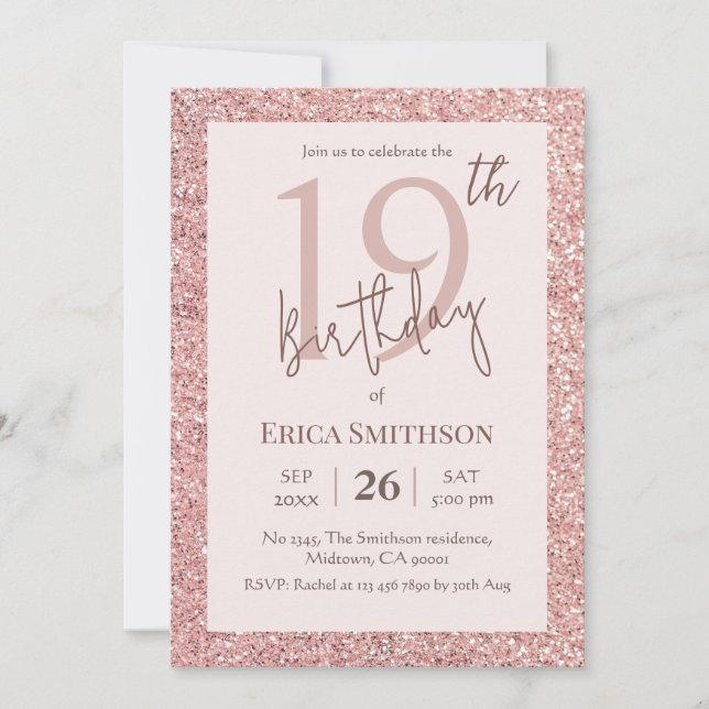 Elegant Rose Gold Glitter modern 19th Birthday Invitation (Front)