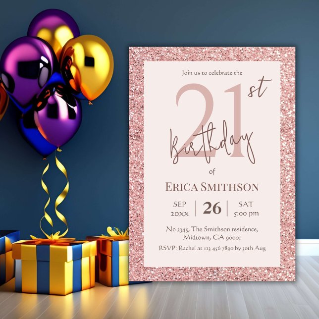 Elegant Rose Gold Glitter modern 21st Birthday  In Invitation (Creator Uploaded)