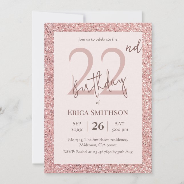 Elegant Rose Gold Glitter modern 22nd Birthday Invitation (Front)