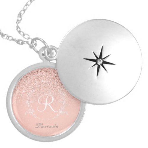 Elegant Rose Gold Glitter Monogram  Locket Necklace