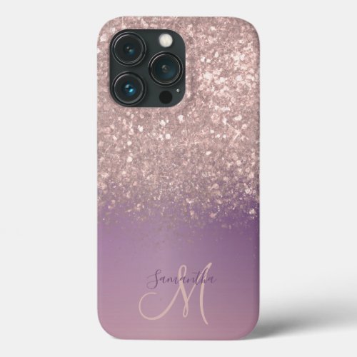 Elegant Rose Gold Glitter Monogram Name iPhone 13 Pro Case