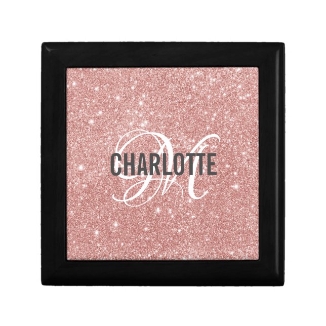 Elegant rose gold glitter monogram name gift box (Front)