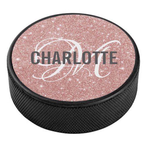 Elegant rose gold glitter monogram name  hockey puck