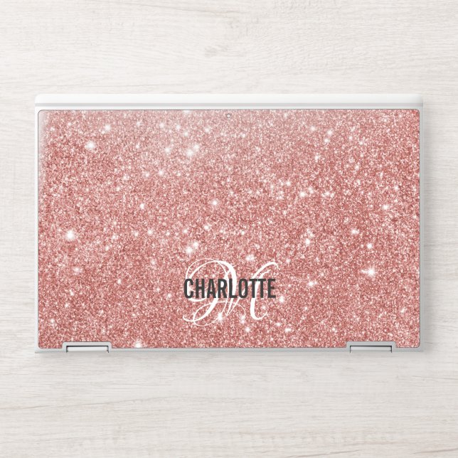 Elegant rose gold glitter monogram name HP laptop skin (Front)