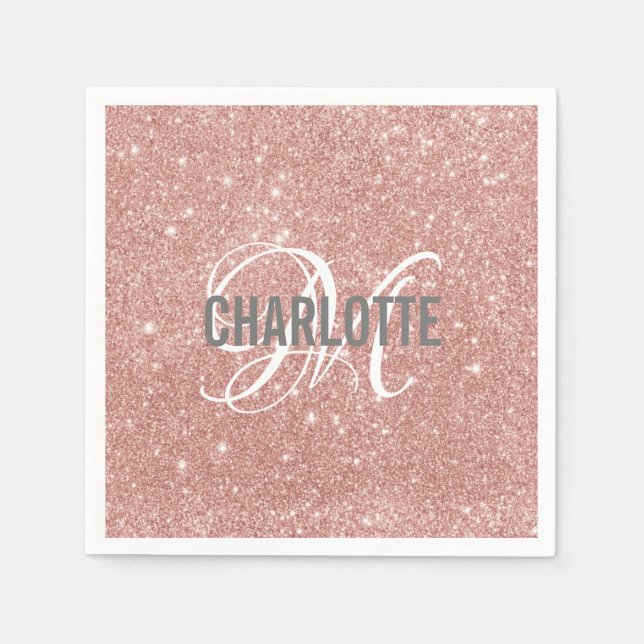 Elegant rose gold glitter monogram name  napkins (Front)