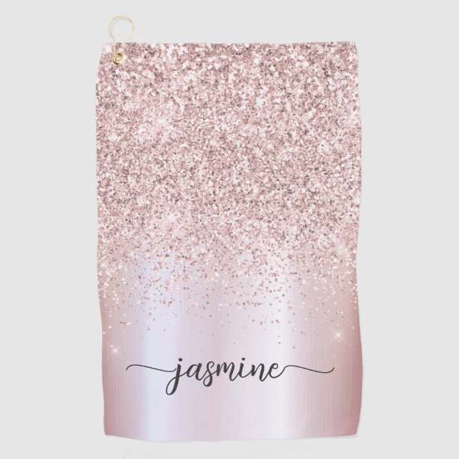 Elegant Rose Gold Glitter Monogram Name Script Golf Towel (Front)